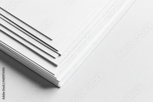 A close-up shot reveals a neatly stacked pile of thick, crisp white paper sheets, angled to showcase the edges and subtle shadow play on a light surface