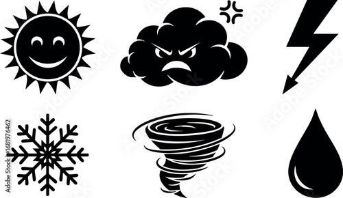 Weather Symbols Vector Set with Sun Cloud Lightning Snowflake Tornado Raindrop Icons 