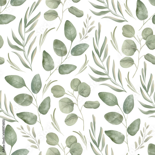 Seamless watercolor pattern with eucalyptus and olive branches on white background. Natural foliage design perfect for fabric, eco packaging, wedding stationery, and interior decor