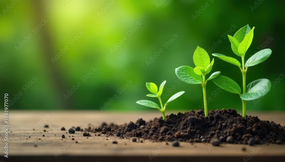 Naklejka premium Small green leafy plants growing on a wooden table, wooden decor,