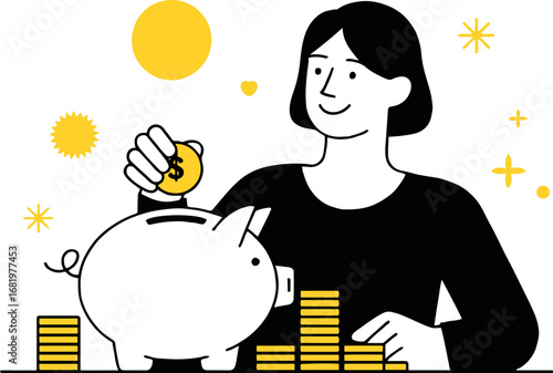 Illustration of a woman is putting a coin into a piggy bank, representing saving money and financial planning for the future, isolated on white background, in a vector illustration style