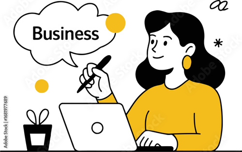 Illustration of a woman working on a laptop with a business thought bubble, representing online marketing and digital strategy, isolated on white background