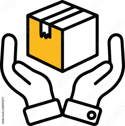 Hands holding a box isolated on white background, representing care, delivery, and shipping of a package, cargo, or product for online shopping, logistics, and business services, vector illustration