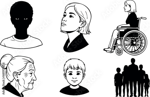 Diverse human faces and wheelchair user silhouettes vector illustration with multiple age and disability representations 