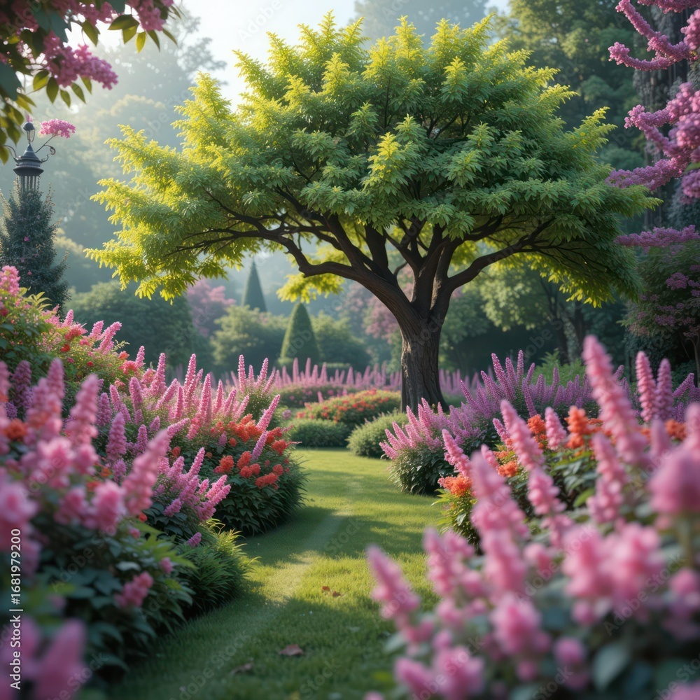 Obraz premium Blooming tree with pink flowers near mountain lake in peaceful spring setting