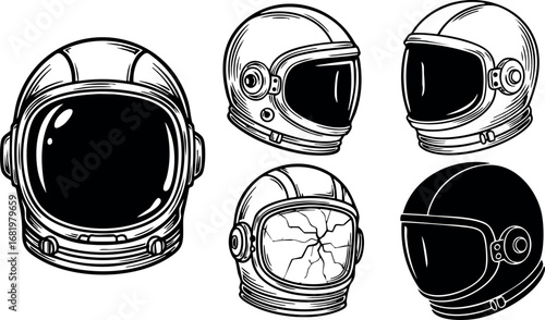 Space Helmet Vector Set with Different Angles and Visor Details for Astronaut Gear Illustration 
