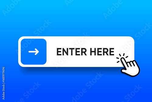 Enter here button. Click here web buttons with hand cursor.Action button with arrow pointer. Click button. Modern action button mouse click symbol. Computer mouse click cursor or Hand pointer symbol.
