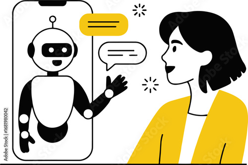 Illustration of a woman is chatting with a robot on her mobile phone, using artificial intelligence for communication and support, isolated on white background