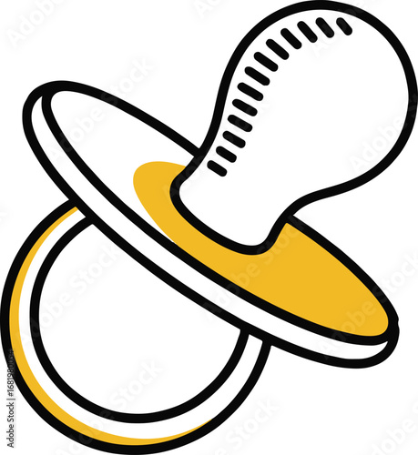 Illustration of a yellow and white baby pacifier isolated on white background, a comforting and soothing object for infants and newborns to help them relax and sleep peacefully