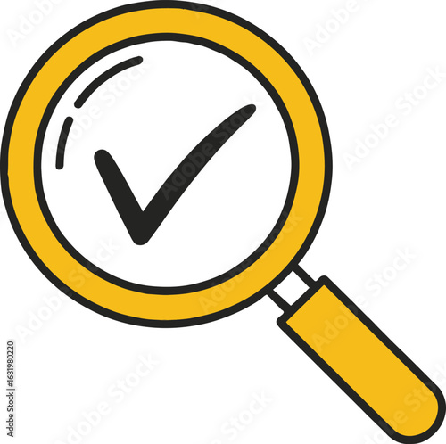 Illustration of a magnifying glass with a check mark inside isolated on white background, representing search, verification, quality control, and successful inspection