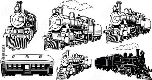 Vintage steam locomotive trains set with passenger carriages in detailed black and white vector illustration 