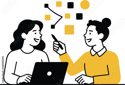 Illustration of two women are working together on a project, discussing ideas and strategies while looking at a laptop isolated on white background