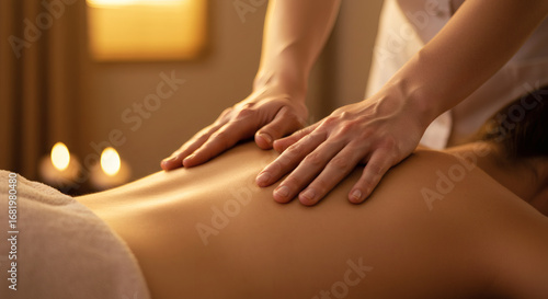Wallpaper Mural Close-up of hands gently massaging a woman’s back, soft golden sunset glow, warm neutral tones, smooth skin highlighted by delicate light, tranquil and soothing mood, spa and wellness photography. Torontodigital.ca