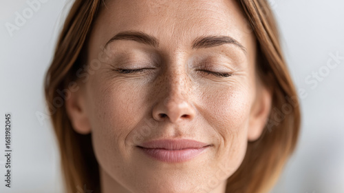 closeup of woman face with closed eyes during breathing practice embodying calmness