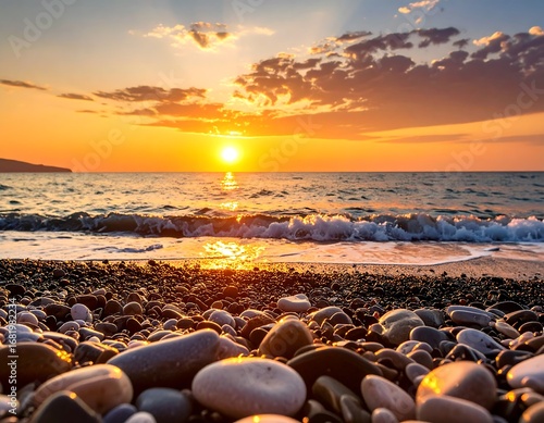 A vibrant sunset paints the horizon over a tranquil ocean, with waves gently lapping at a pebbled beach.