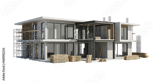 Two-story modern house under construction with scaffolding and lumber on transparent background