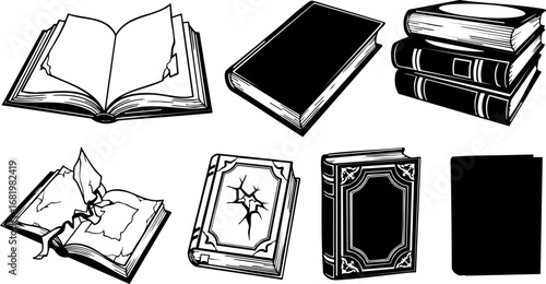 Vintage black and white books collection vector illustration with open and closed volumes 