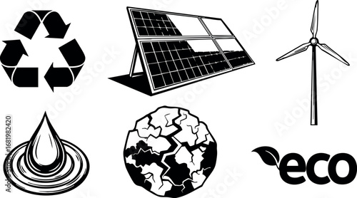 Renewable energy and environmental icons solar panels wind turbine and eco symbols vector illustration 
