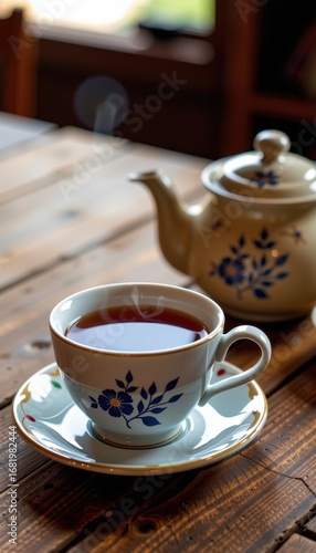 Wallpaper Mural A steaming cup of tea and a classic teapot rest on a rustic wooden table, caffeine, lifestyle Torontodigital.ca
