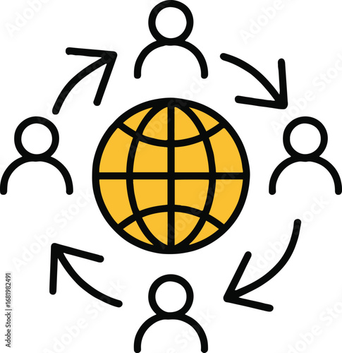 Illustration of a yellow globe surrounded by stick figures and curved arrows on a white background