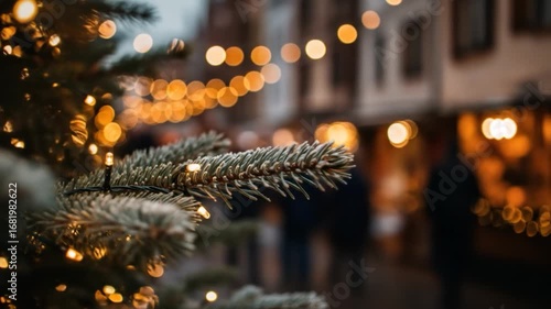 Wallpaper Mural Festive string light background with bokeh effect and pine branch decoration for christmas season Torontodigital.ca