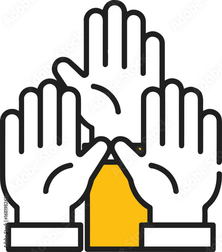 Illustration of three hands raised with fingers spread and a yellow shape in the background