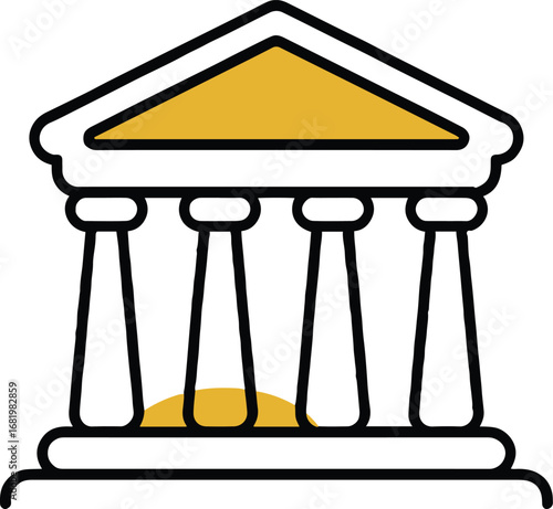 Illustration of a building with columns and a triangular roof with a yellow color fill design style
