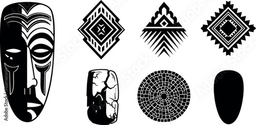 African Tribal Mask and Geometric Patterns Vector Illustration in Black and White 