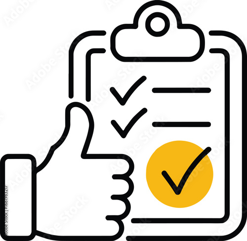 Clipboard with check marks and lines and a thumbs up icon indicating approval and completion
