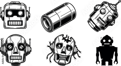 Retro and modern robot head icons with cylindrical battery and zombie robot design vector illustration 