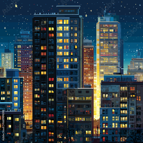 Pixel art cityscape of illuminated skyscrapers and apartment buildings under a starry night sky.