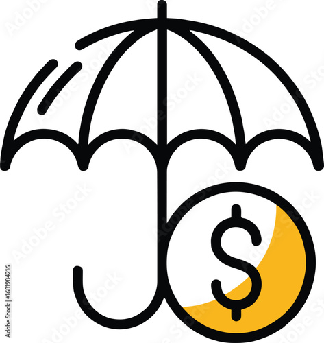 An umbrella protecting a gold coin with a dollar sign on it against a white isolated background