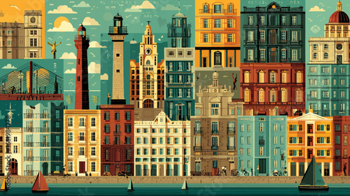 A vibrant stylized illustration of a coastal city with colorful architecture lighthouses and a bustling waterfront.