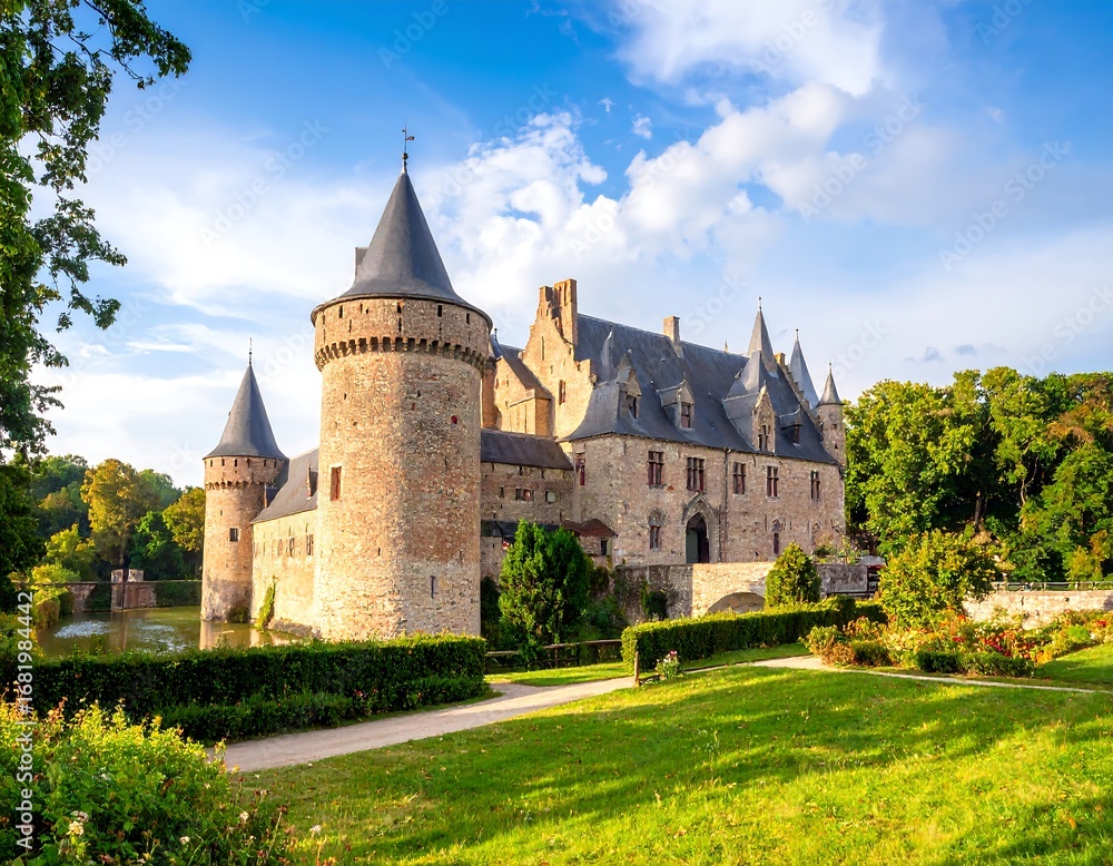 Fototapeta premium A grand medieval castle stands proudly amidst lush greenery and a serene lake, bathed in sunlight.