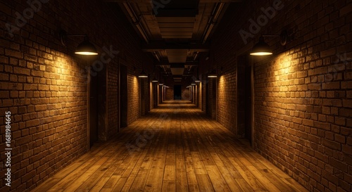 Wallpaper Mural Dimly Lit Corridor with Brick Walls and Wooden Floors in an Industrial Setting Torontodigital.ca