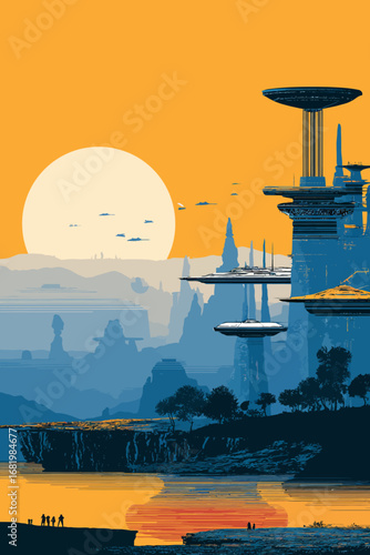 Graphic vector art of a futuristic alien cityscape with towering blue structures and flying ships under a large orange sun.