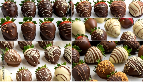 Deliciously decorated strawberries, coated in various types of chocolate, creating a tempting array of sweet treats.