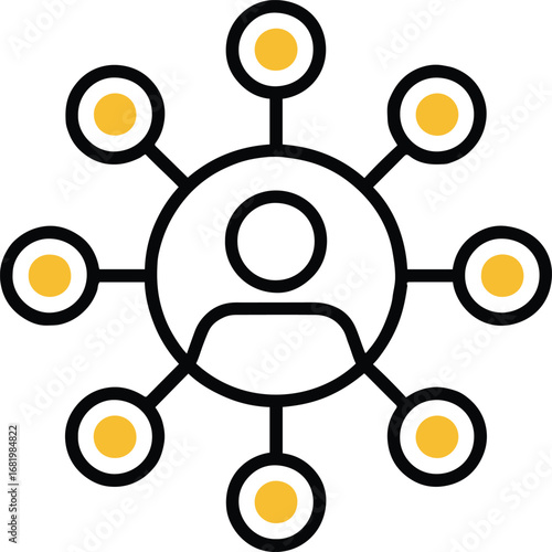 A person icon connected to yellow circles by lines showing a network on a white background design