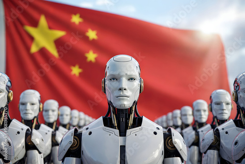 Futuristic Robotic Army in Formation Before Chinese Flag Symbolizing Technological Power and National Advancement