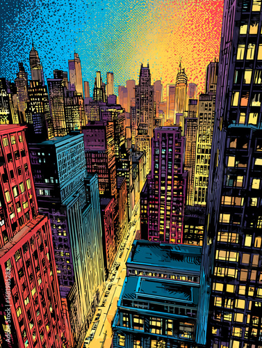 Dynamic comic book illustration of a colorful city skyline at sunset with towering skyscrapers and glowing windows.