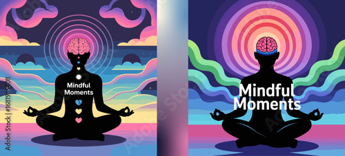 Mindful Moments meditation illustration with human silhouette, chakra energy, cosmic background and colorful aura representing mindfulness and inner peace