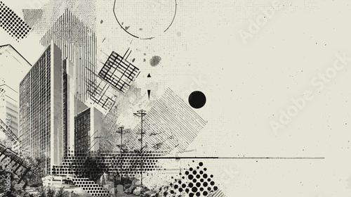 Abstract architectural collage of a modern building with graphic halftone patterns and grunge textures.