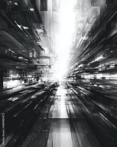 Monochromatic abstract digital corridor with a vanishing point and fragmented geometric shapes.