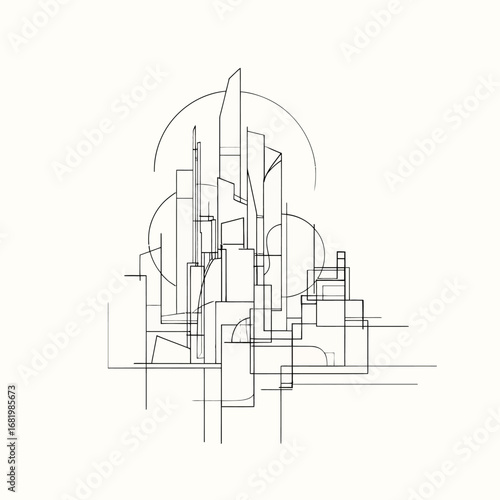 Abstract architectural line art of a futuristic cityscape with complex geometric shapes and circles.