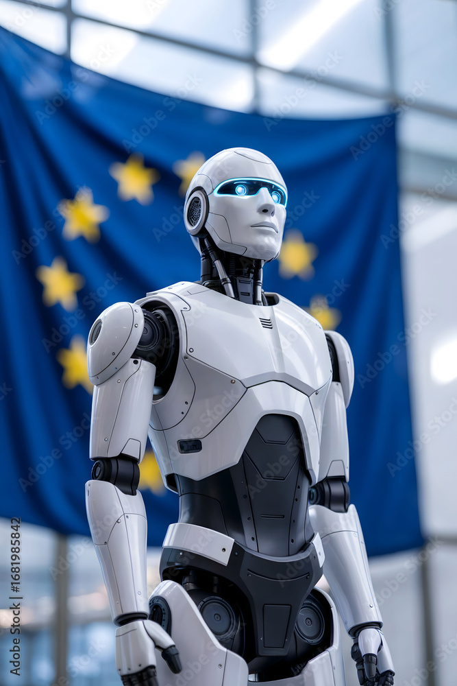 Fototapeta premium Futuristic White Humanoid Robot with Glowing Blue Eyes Stands Before EU Flag, Symbolizing European Vision for Ethical and Advanced AI Integration