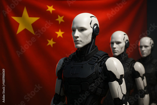 Tactical Humanoid Robots in Stealth Black Armor Standing Before Chinese Flag, Representing China’s Integration of Advanced AI into Strategic Defense Systems