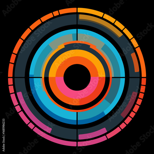 Futuristic circular HUD element with vibrant colorful segmented rings and a central crosshair design.