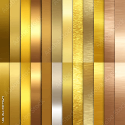Diverse collection of vertical stripes with gold bronze and copper metallic textures featuring polished brushed and foil finishes.