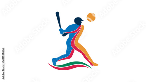 Vibrant multi-colored silhouette of a baseball player swinging a bat at a ball.