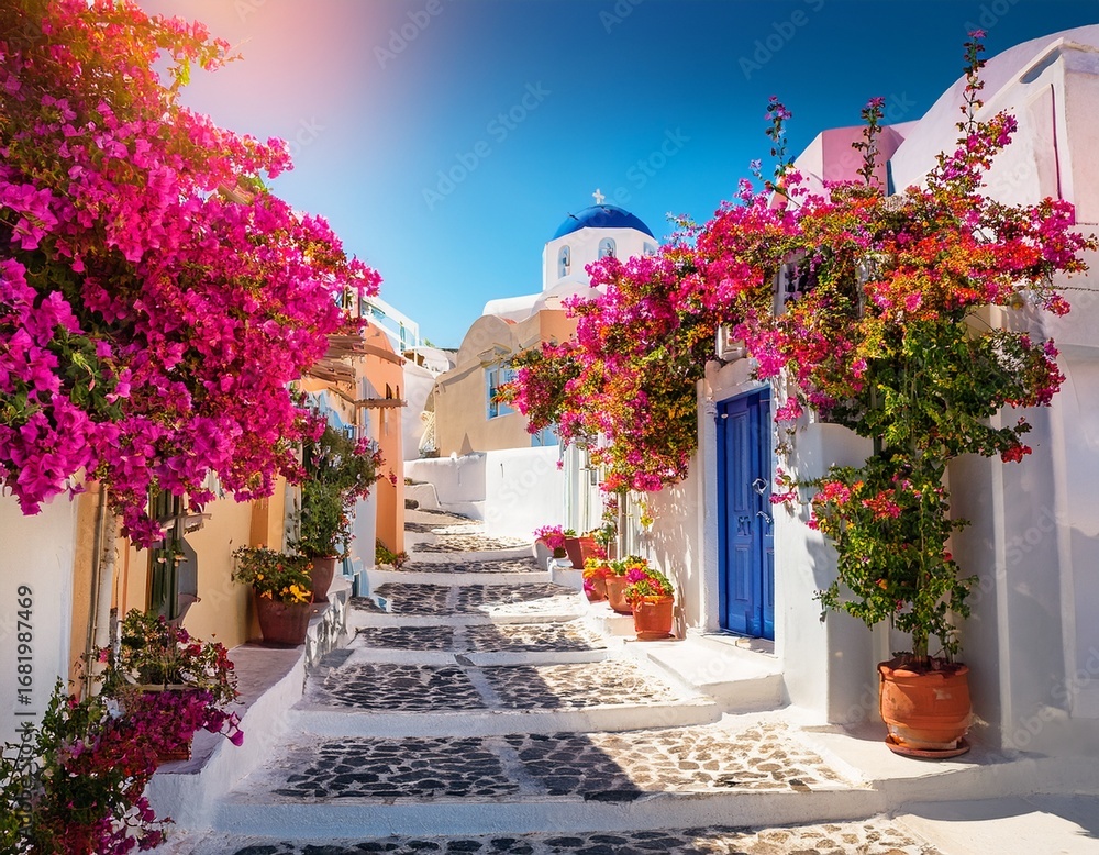 Fototapeta premium beautiful street with flowers santorini greece colorful